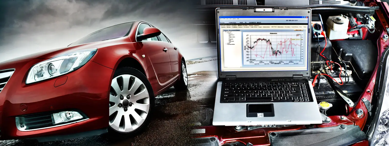 Red car beside a laptop running engine emissions diagnostics